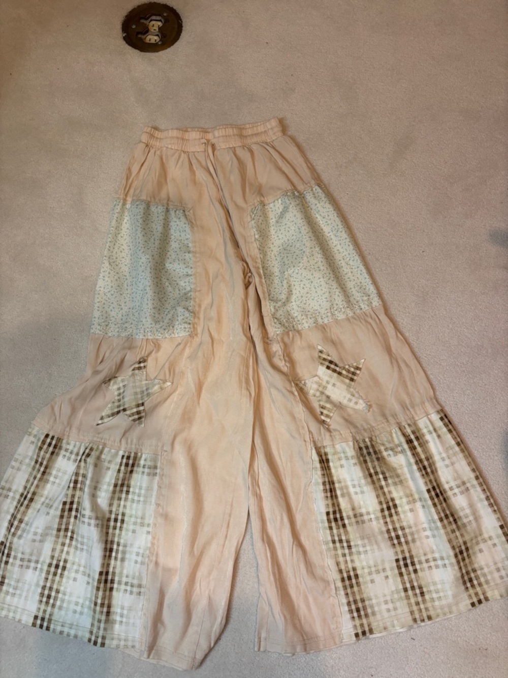 Boho Wide-Leg Patchwork Pants in Pale Peach